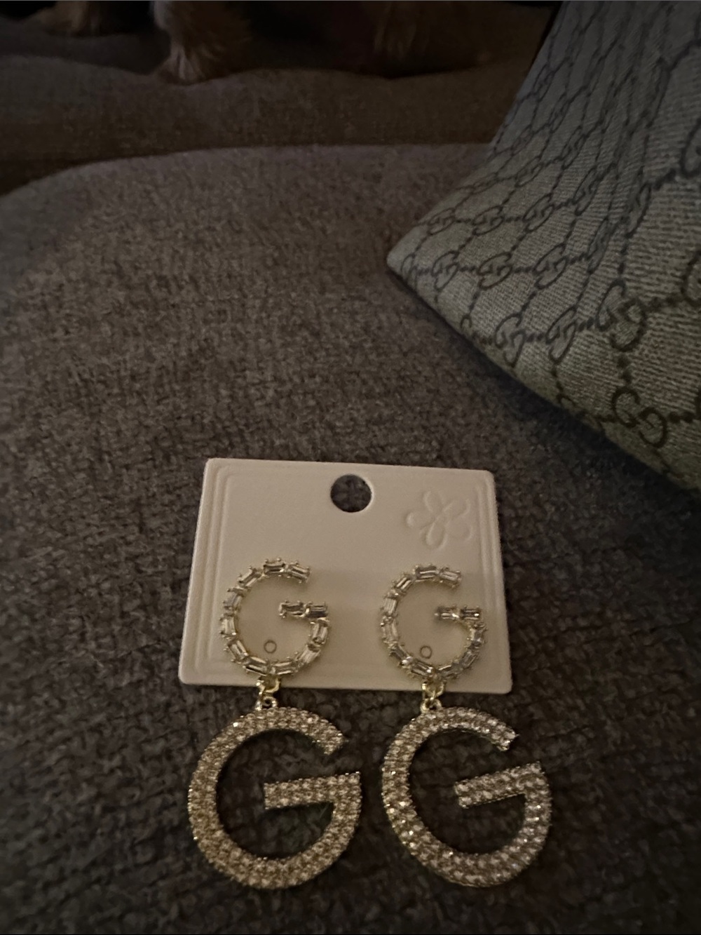 Source Unknown Gold and Clear Crystal Double G Drop Earrings